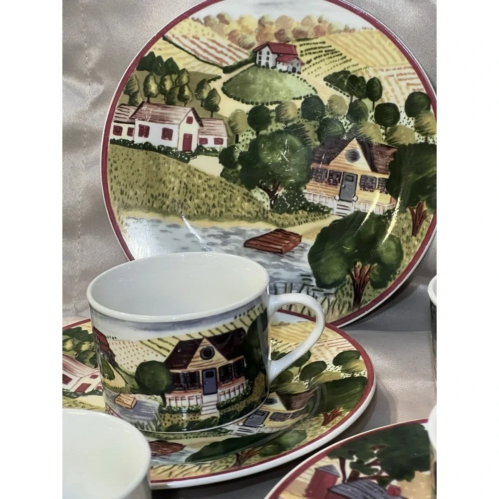16 PC GIBSON 2 SALAD PLATES AND 2 CUPS. FARM SCENE 4 DESIGNS (2319)‎
